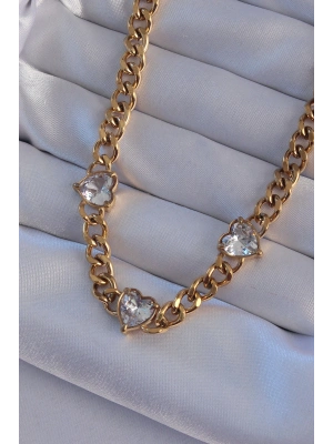 316L Çelik Gold Renk Zirkon Taşlı Kalp Model Zincir Kolye