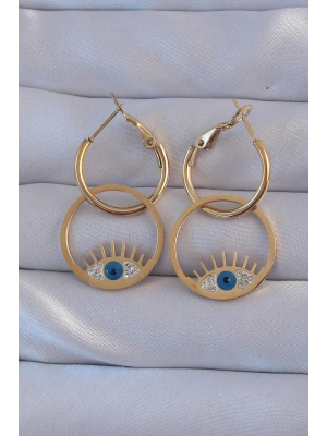316L Çelik Gold Renk Zirkon Taşlı Mavi Göz Tasarımlı Halka Küpe