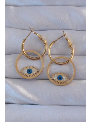 316L Çelik Gold Renk Zirkon Taşlı Mavi Göz Tasarımlı Halka Küpe