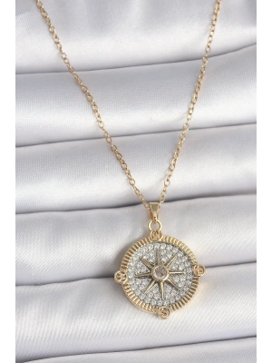 316L Çelik Gold Renk Zirkon Taşlı Pusula Model Kadın Kolye