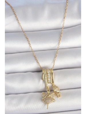 316L Çelik Gold Renk Zirkon Taşlı Sallantı Melek Figür Charm Kadın Kolye