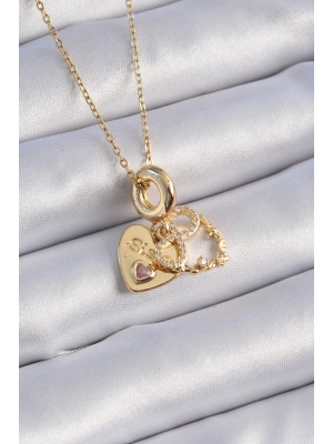 316L Çelik Gold Renk Zirkon Taşlı Sonsuzluk Kalp Figür Charm Model Kadın Kolye