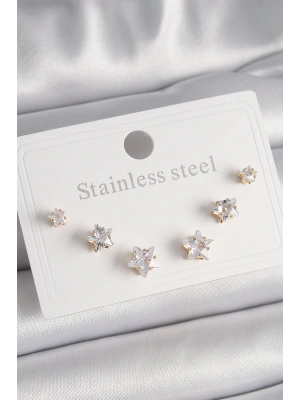 316L Çelik Gold Renk Zirkon Taşlı Yıldız Model Kadın Küpe Seti