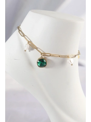 316L Çelik Gold Renk Zümrüt Taş Tasarımlı Halhal