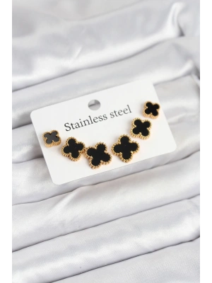 316L Çelik Gold Siyah Renk 3 Boy Yonca Küpe Seti