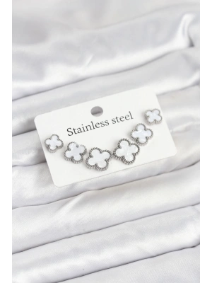 316L Çelik Gümüş Beyaz Renk 3 Boy Yonca Küpe Seti