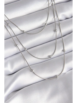 316L Çelik Gümüş Renk 3lü Topçuk Detay Kadın Kolye