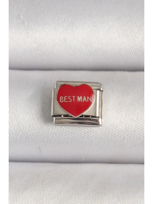 316L Çelik Gümüş Renk Best Man Yazılı Kırmızı Kalp İşlemeli Nomination Charm