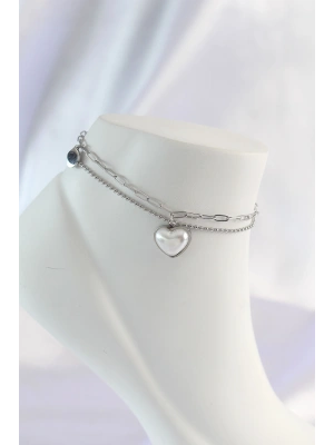 316L Çelik Gümüş Renk Beyaz Kalpli 2li Halhal