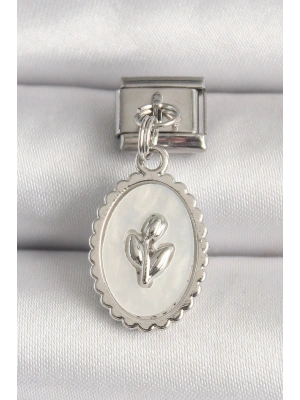 316L Çelik Gümüş Renk Beyaz Mineli Çiçek İşlemeli Nomination Charm