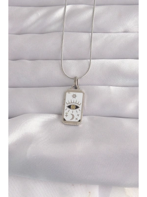 316L Çelik Gümüş Renk Beyaz Mineli Göz Figür Tarot Kolye