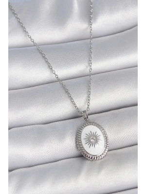 316L Çelik Gümüş Renk Beyaz Mineli Güneş İşlemeli Nazar Boncuk Detay Madalyon Model Kadın Kolye