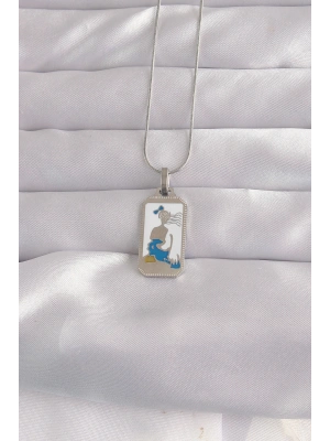 316L Çelik Gümüş Renk Beyaz Mineli Kız Figür Tarot Kolye