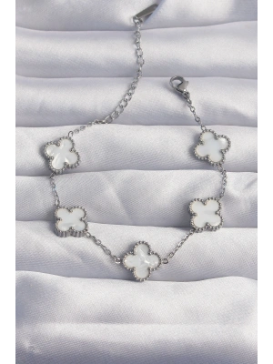 316L Çelik Gümüş Renk Beyaz Sedefli Yonca Bileklik