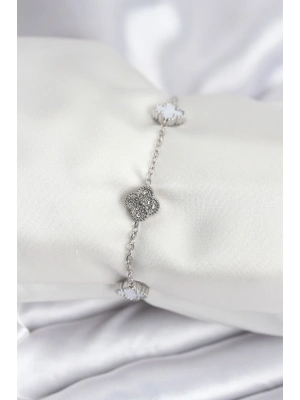 316L Çelik Gümüş Renk Beyaz ve Zirkon Taşlı Baby Boy Yonca Kadın Bileklik