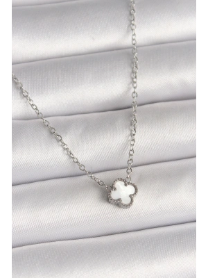 316L Çelik Gümüş Renk Beyaz Yonca Model Kadın Kolye