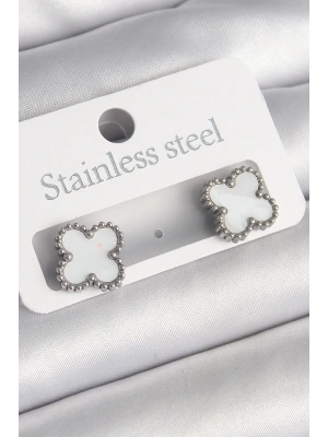 316L Çelik Gümüş Renk Beyaz Yonca Model Kadın Küpe