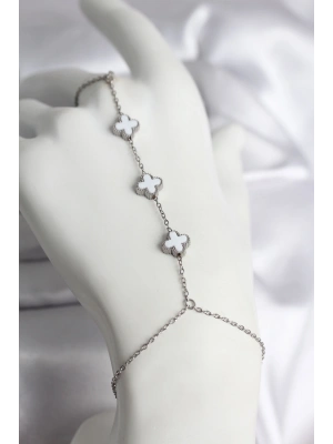 316L Çelik Gümüş Renk Beyaz Yonca Model Kadın Şahmeran