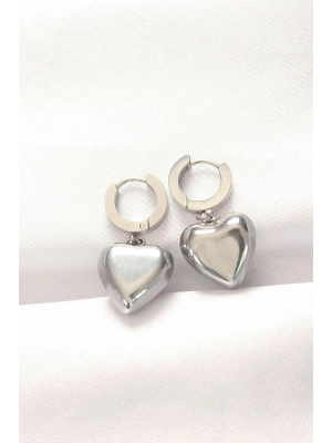 316L Çelik Gümüş Renk Bombeli Kalp Tasarımlı Küpe