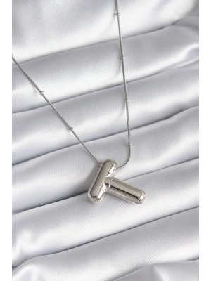 316L Çelik Gümüş Renk Bubble T Harf Model Kadın Kolye