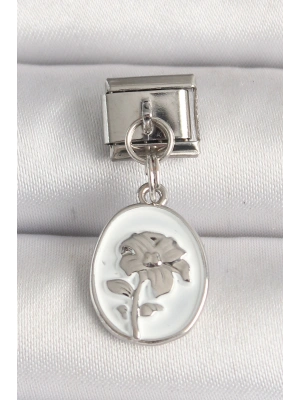 316L Çelik Gümüş Renk Çiçek İşlemeli Beyaz Portre Model Nomination Charm