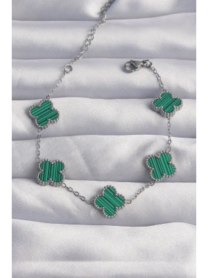 316L Çelik Gümüş Renk Çizgili Yeşil Mineli Yonca Bileklik