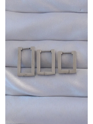 316L Çelik Gümüş Renk Dikdörtgen Küpe Seti