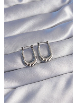 316L Çelik Gümüş Renk Dikdörtgen Tasarımlı Tırtıklı Küpe