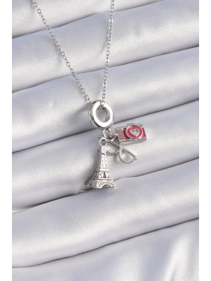 316L Çelik Gümüş Renk Eyfel Kule Fotoğraf Makinesi Model Charm Kadın Kolye