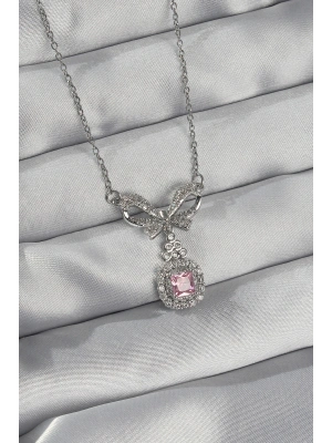 316L Çelik Gümüş Renk Fiyonk Detay Pembe Zirkon Taşlı Tektaş Kolye