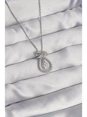 316L Çelik Gümüş Renk Fiyonk Detaylı Zirkon Taşlı Damla Model Kolye