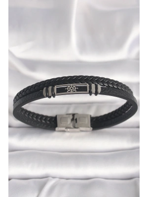 316L Çelik Gümüş Renk Gemi Dümeni Figür Siyah Burgu Deri Kordon Model Erkek Bileklik