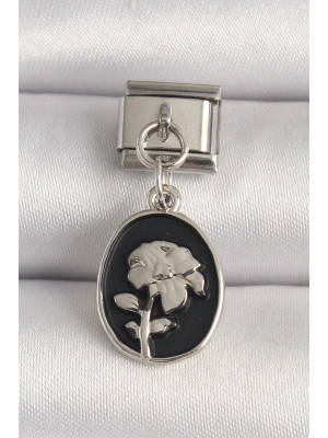 316L Çelik Gümüş Renk Gümüş Çiçek İşlemeli Siyah Portre Model Nomination Charm