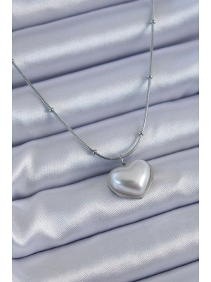 316L Çelik Gümüş Renk İncili Kalp Model Minimal Top Detay Kadın Kolye