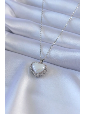 316L Çelik Gümüş Renk İncili Kalp Model Zirkon Taşlı Kadın Kolye