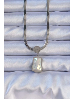 316L Çelik Gümüş Renk İtalyan Zincir Ezme Taşlı Kolye