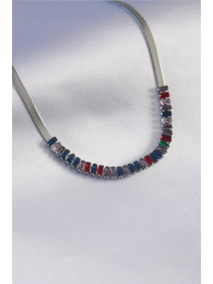 316L Çelik Gümüş Renk İtalyan Zincir Model Renkli Zirkon Taşlı Kadın Kolye