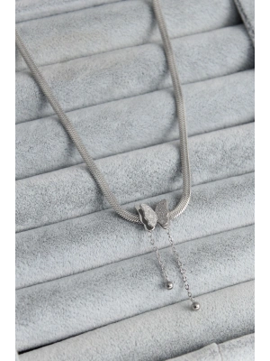 316L Çelik Gümüş Renk İtalyan Zincir Model Simli Kelebek Figür Kadın Kolye