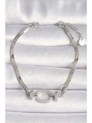 316L Çelik Gümüş Renk İtalyan Zincir Model Zirkon Taşlı Halka Figür Kadın Bileklik