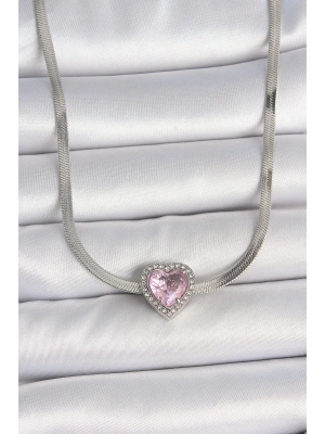 316L Çelik Gümüş Renk İtalyan Zincir Pembe Zirkon Taşlı Kalp Model Kadın Kolye