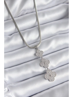 316L Çelik Gümüş Renk İtalyan Zincir Zirkon Taşı Yonca Model Kadın Kolye