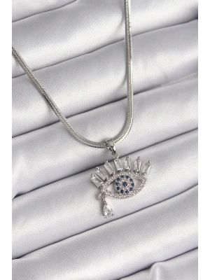 316L Çelik Gümüş Renk İtalyan Zincir Zirkon Taşlı Göz Model Kadın Kolye