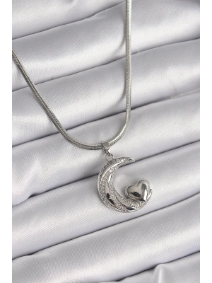 316L Çelik Gümüş Renk İtalyan Zincir Zirkon Taşlı Halil Figür Kalp Detay Kadın Kolye