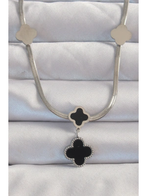 316L Çelik Gümüş Renk İtalyan Zincirli Mineli Yonca Kolye