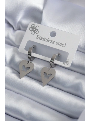316L Çelik Gümüş Renk Kalp Model Kelebek İşleme Kadın Küpe
