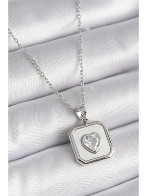 316L Çelik Gümüş Renk Kare Madalyon Kalp Zirkon Taş İşleme Kadın Kolye
