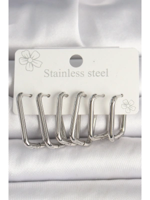 316L Çelik Gümüş Renk Kare Model Kadın Küpe Seti