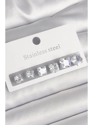 316L Çelik Gümüş Renk Kare Zirkon Taşlı Kadın Küpe Seti