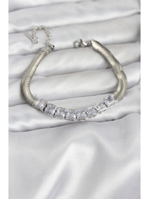 316L Çelik Gümüş Renk Kare Zirkon Taşlı Yılan Zincirli Kadın Bileklik