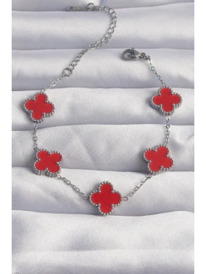 316L Çelik Gümüş Renk Kırmızı Mineli Yonca Bileklik